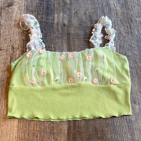SHEIN MOD Floral Embroidery Ruched Crop Top Size Medium Green Lace Overlay - Picture 5 of 11